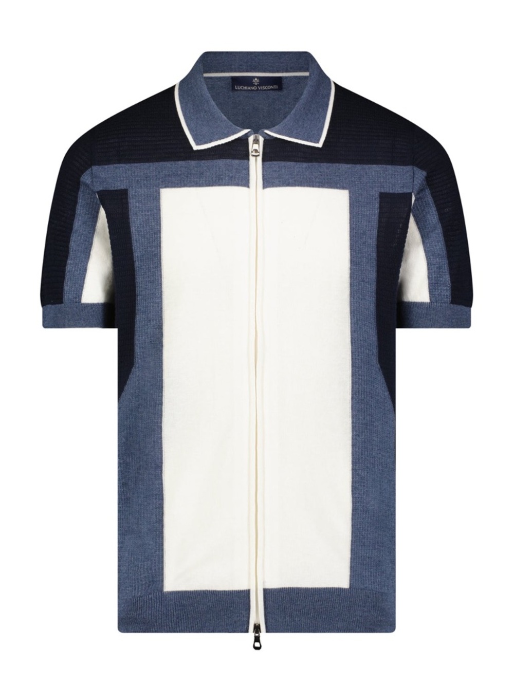 NWT Men’s Luciano Visconti Sz XL Two-way Zip Polo Sweater in Melange Indigo
